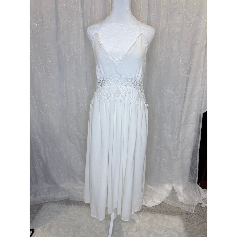 Suzanne Betro White Crochet Lace Halter Midi Dress Boho Tassel Smocked Back M - Picture 1 of 9